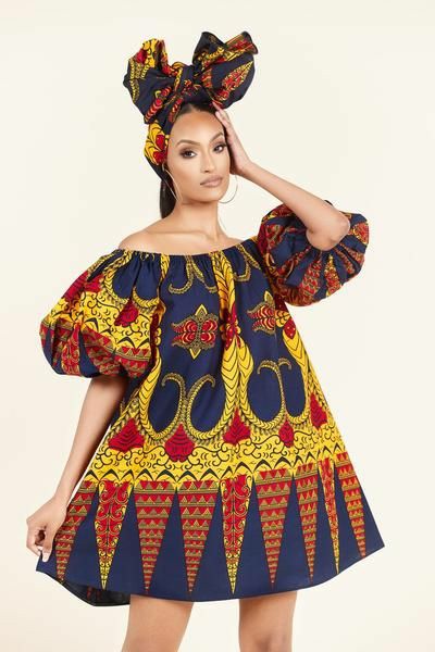 Robe courte et foulard en wax 100% coton