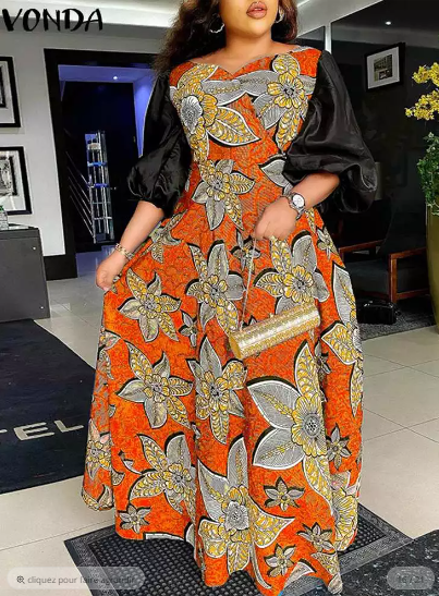 Women's Maxi Dress Half Sleeve Vintage Print Pleated Party Dress Summer Casual Patchwork Bohemian Dress 2022