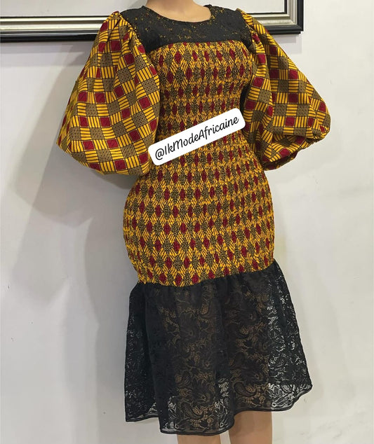 ROBE MODERNE AFRICAINE EN WAX SMOKER/DENTELLE POUR FEMME 100%