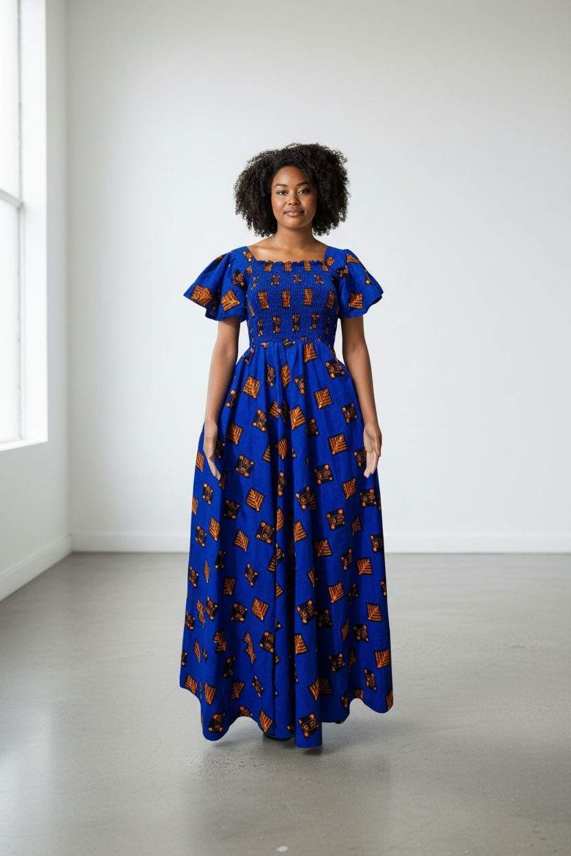Robe longue Ankara smokée imprimé wax africain artisanal