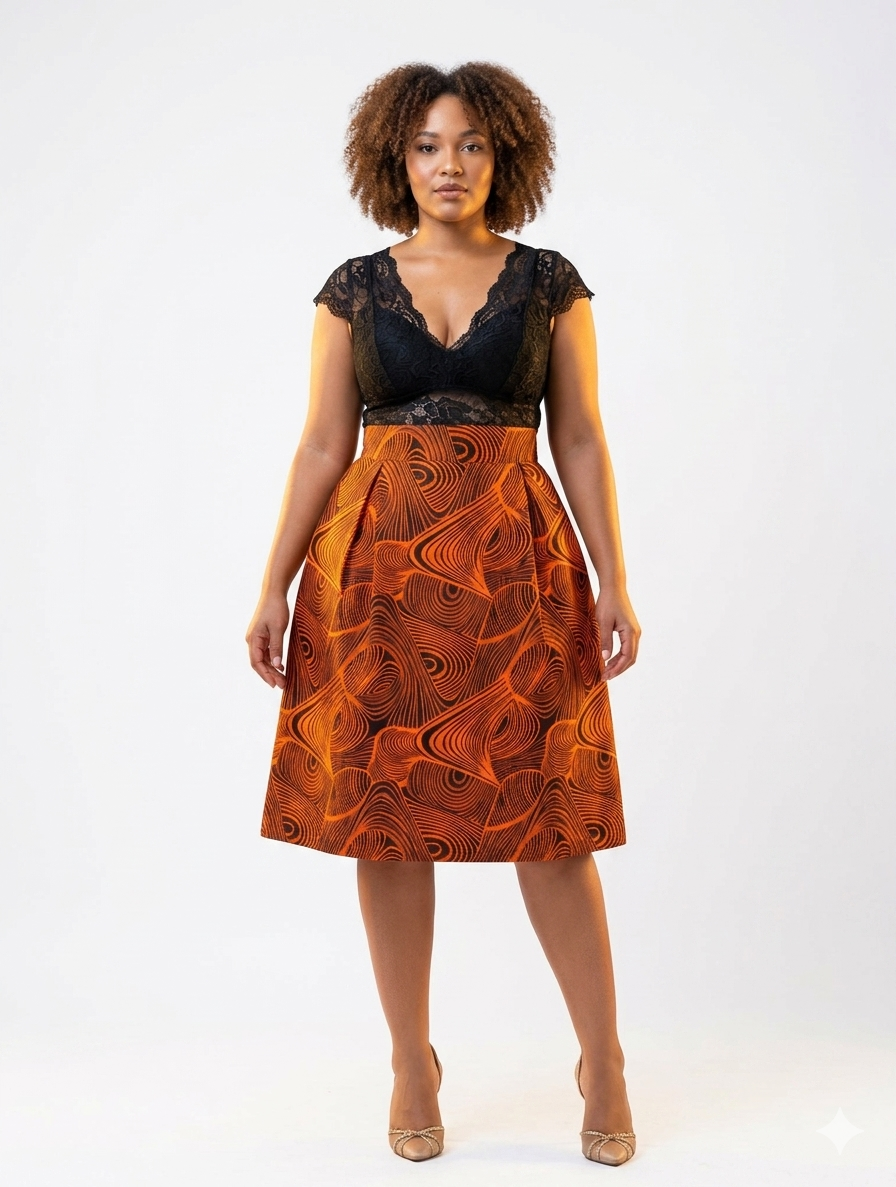 Jupe africaine en pagne, élégante et mi-longue, idéale pour toutes les occasions.