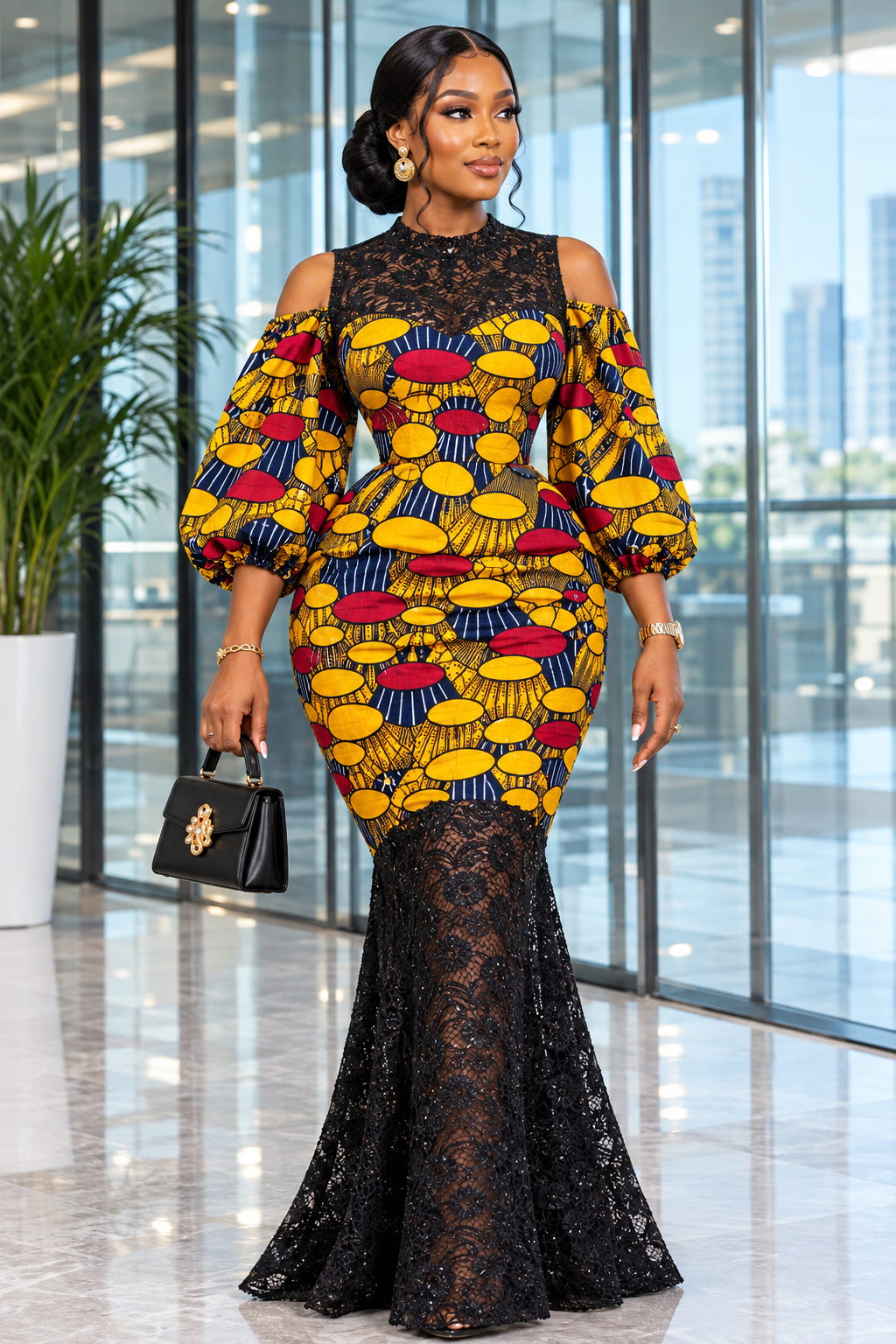 ROBE AFRICAINE LONGUE ÉVASÉE EN WAX L’ÉLÉGANCE AFRICAINE