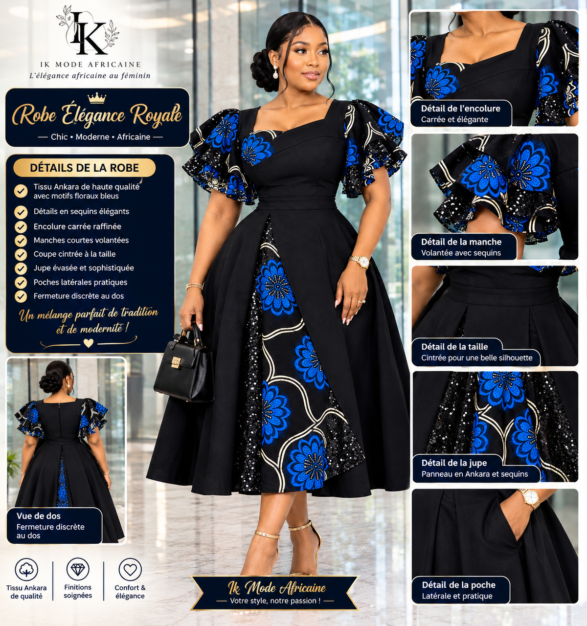 Craquez pour cette élégante robe évasée mi-longue en wax Ankara 100% coton, parfaite pour sublimer votre style ! 👗✨ #Mode #Tenue #Afrique #Coton