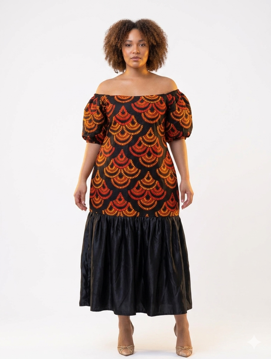 ROBE AFRICAINE EN PAGNE 100% ÉLÉGANTE MI-LONGUE POUR FEMME POUR TOUT OCCASION