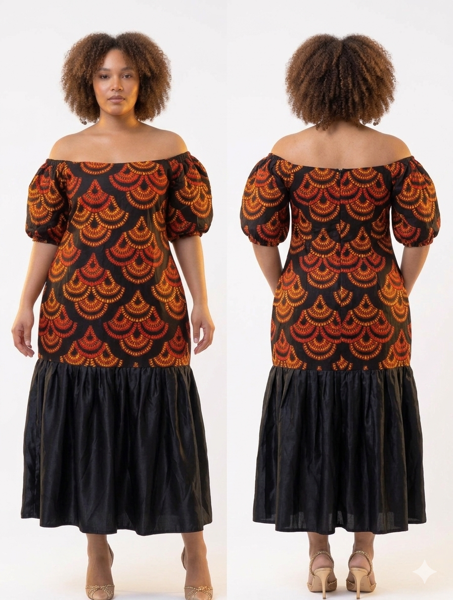 ROBE AFRICAINE EN PAGNE 100% ÉLÉGANTE MI-LONGUE POUR FEMME POUR TOUT OCCASION