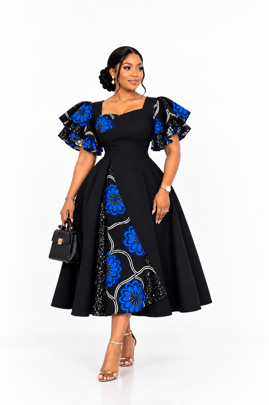 Craquez pour cette élégante robe évasée mi-longue en wax Ankara 100% coton, parfaite pour sublimer votre style ! 👗✨ #Mode #Tenue #Afrique #Coton