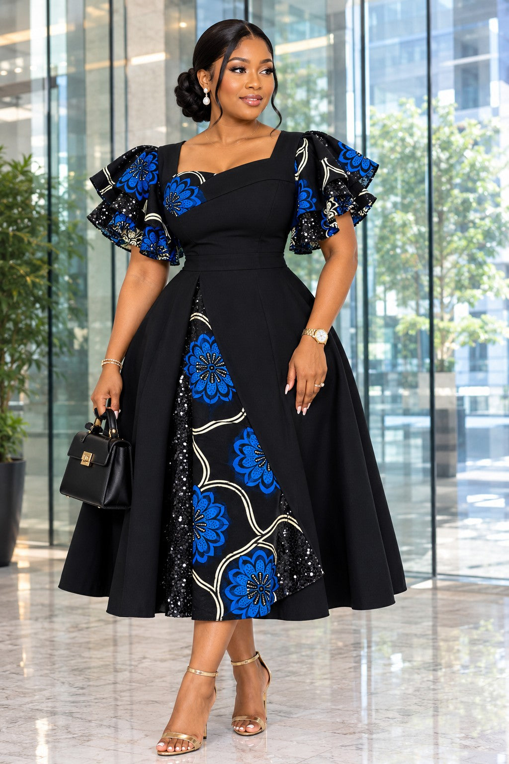 Craquez pour cette élégante robe évasée mi-longue en wax Ankara 100% coton, parfaite pour sublimer votre style ! 👗✨ #Mode #Tenue #Afrique #Coton