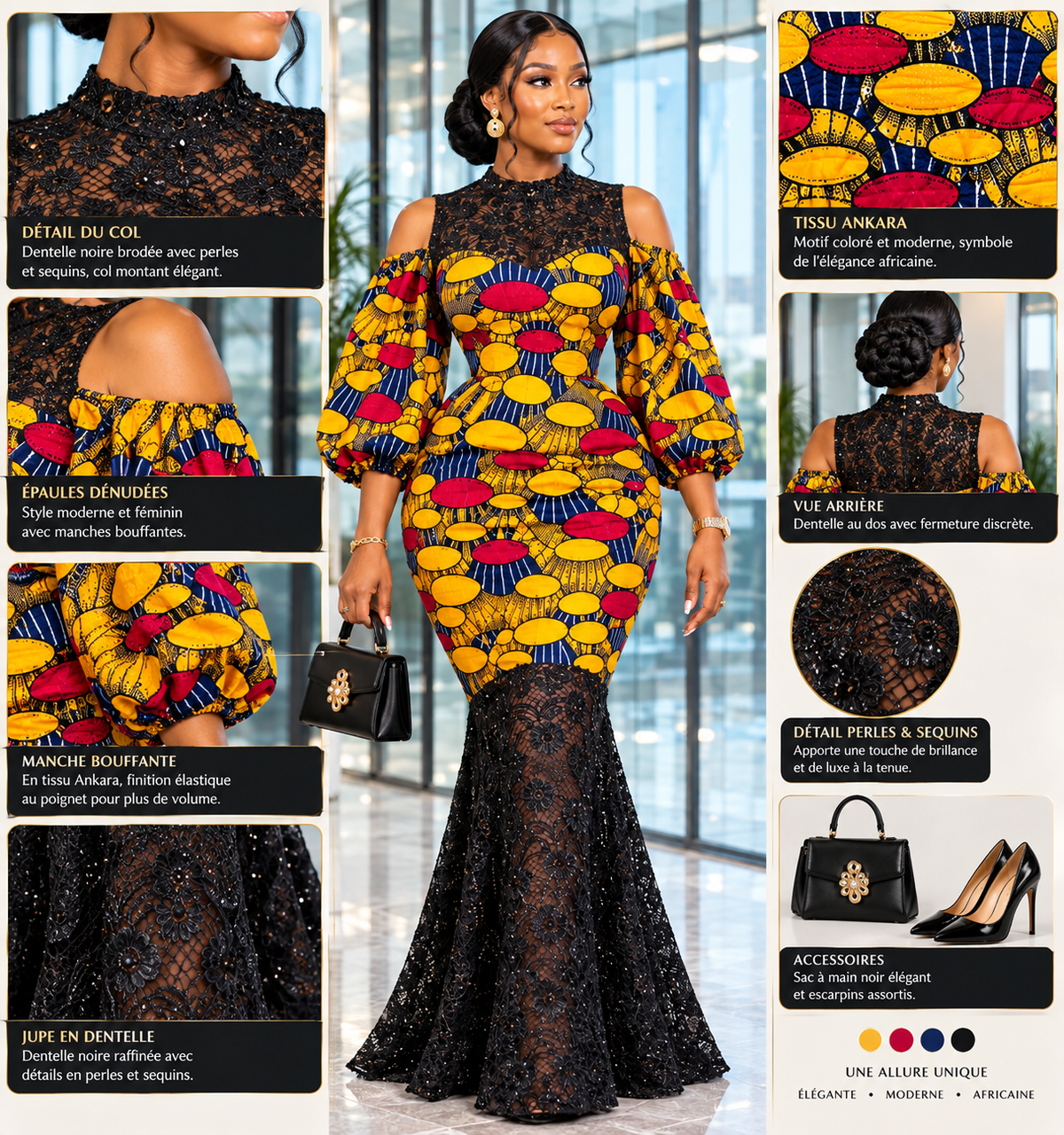 ROBE AFRICAINE LONGUE ÉVASÉE EN WAX L’ÉLÉGANCE AFRICAINE